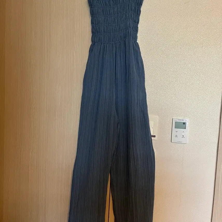 [BUNJANG] Blue Smoke Frill Jumpsuit (Semi-Wide) / D9) 프리싸이즈 블루 스모크 밴딩 프릴 점프수트 (세미와이드)