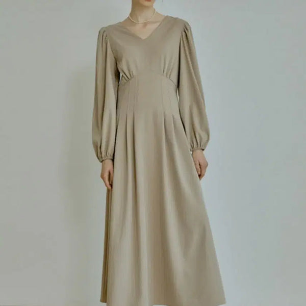 [BUNJANG] Riel Classic V-Neck Pleats Dress (Beige) / 리엘 Classic v-neck pleats dress (beige)