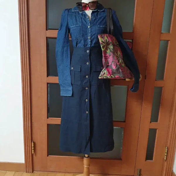 [BUNJANG] Button-Up Linen Long Skirt - Navy / (드라이완료)버튼업 린넨 롱스커트 네이비