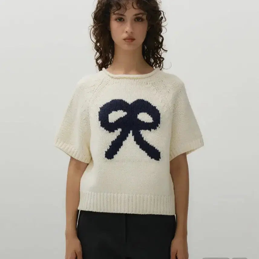 [BUNJANG] Midnight Move Ribbon Short Sleeve Knit - Ivory / 새상품 / 미드나잇무브 리본 반팔 니트_아이보리