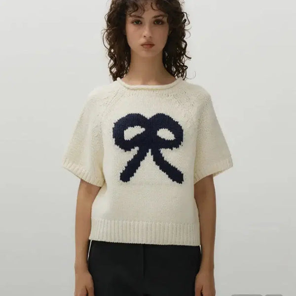 [BUNJANG] Midnight Move Ribbon Short Sleeve Knit - Ivory / 새상품 / 미드나잇무브 리본 반팔 니트_아이보리