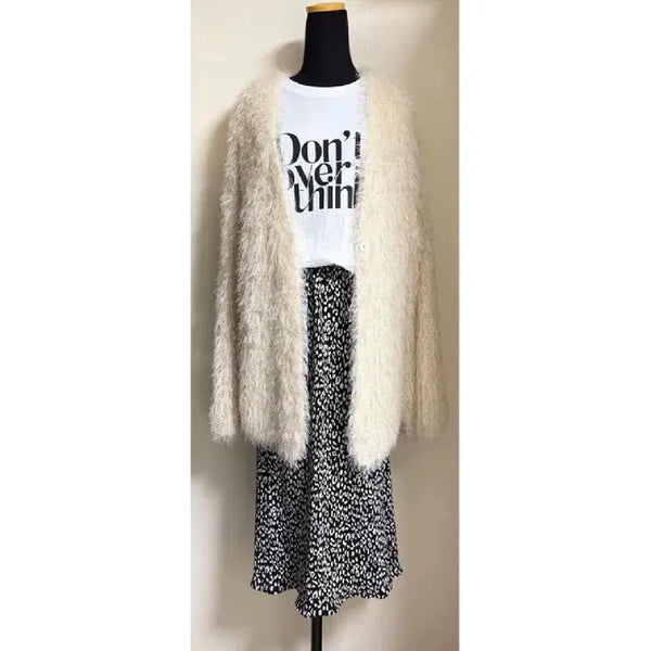 [BUNJANG] Angora Cardigan + Initial T-shirt + Leopard Print Water Drop Long Skirt Set / [ 새상품 ] 앙고라 가디건 + 이니셜 티셔츠 + 호피 물방울 롱치마