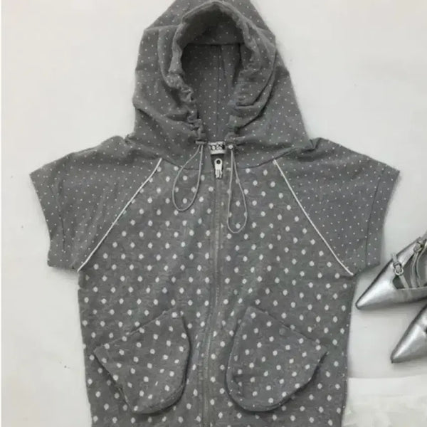[BUNJANG] Gray Dot Hooded Zip-Up Short Sleeve Summer Slim Fit Top / (원가 5.0) 그레이 도트 에이블리 후드집업 반팔 여름 회색 일본 여행 빈티지 슬림핏