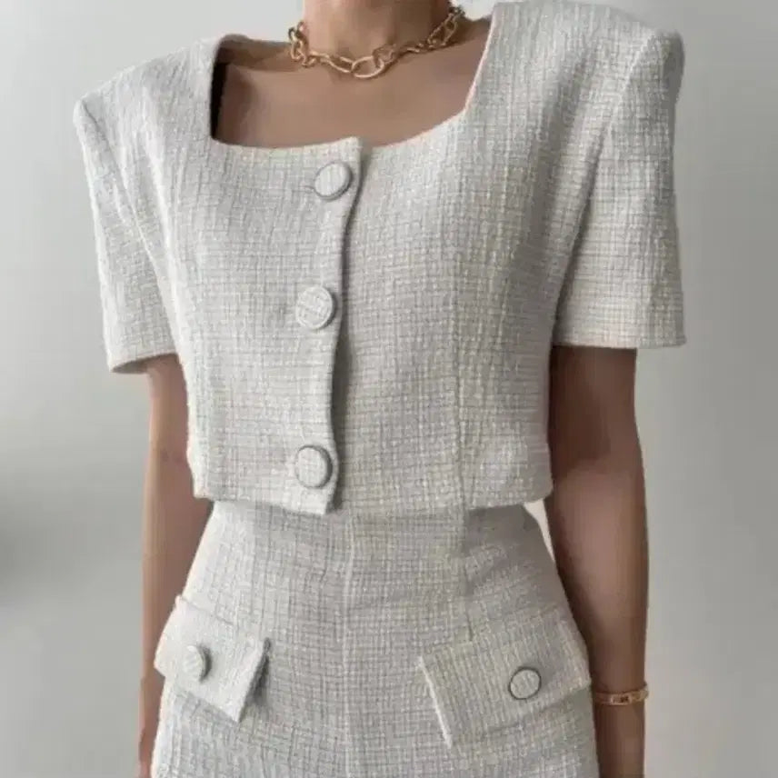 [BUNJANG] White Tweed Jacket and Shorts Set-up (Size M) / 화이트 트위드 자켓 반바지 셋업 set