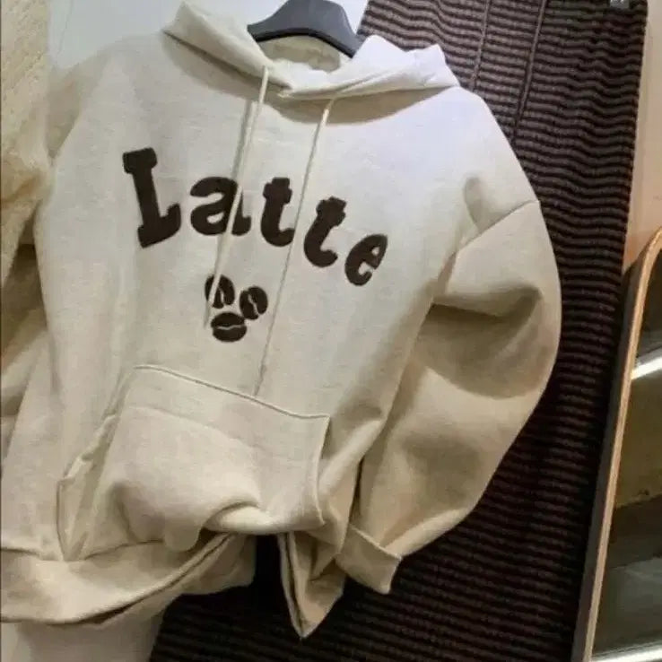 [BUNJANG] Latte Embroidery Hoodie + Striped Skirt Set / [ 새상품 ] 라떼 자수 후드티 + 단가라 스커트 SET