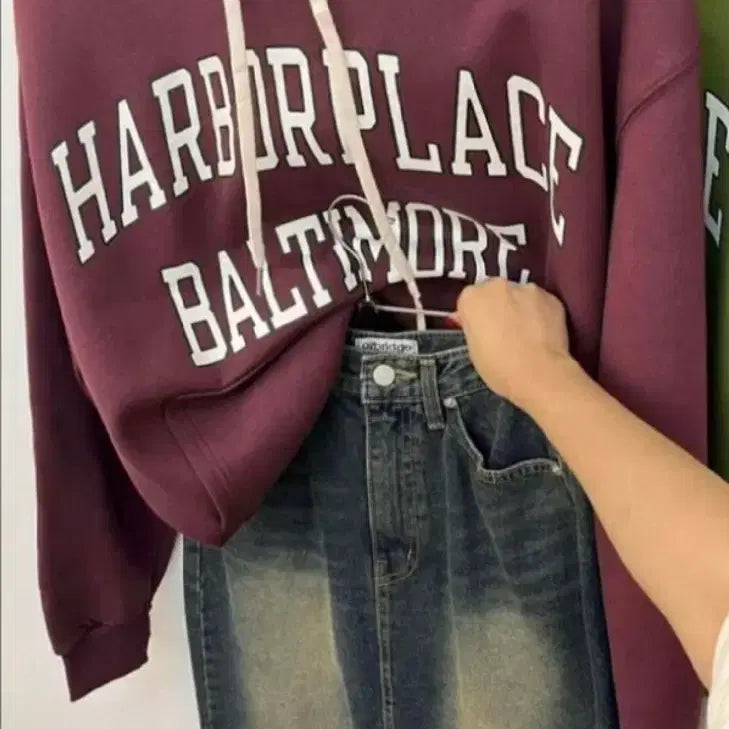 [BUNJANG] Burgundy Hoodie + Denim Long Skirt Set / [ 새상품 ] 도톰한 버건디 후드티 + 데님 롱스커트 SET