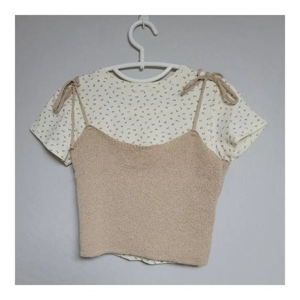 [BUNJANG] Beige Bustier and Cropped T-shirt Set / 베이지색 뷔스티에 + 반크롭 반팔티 세트(S~M 사이즈)