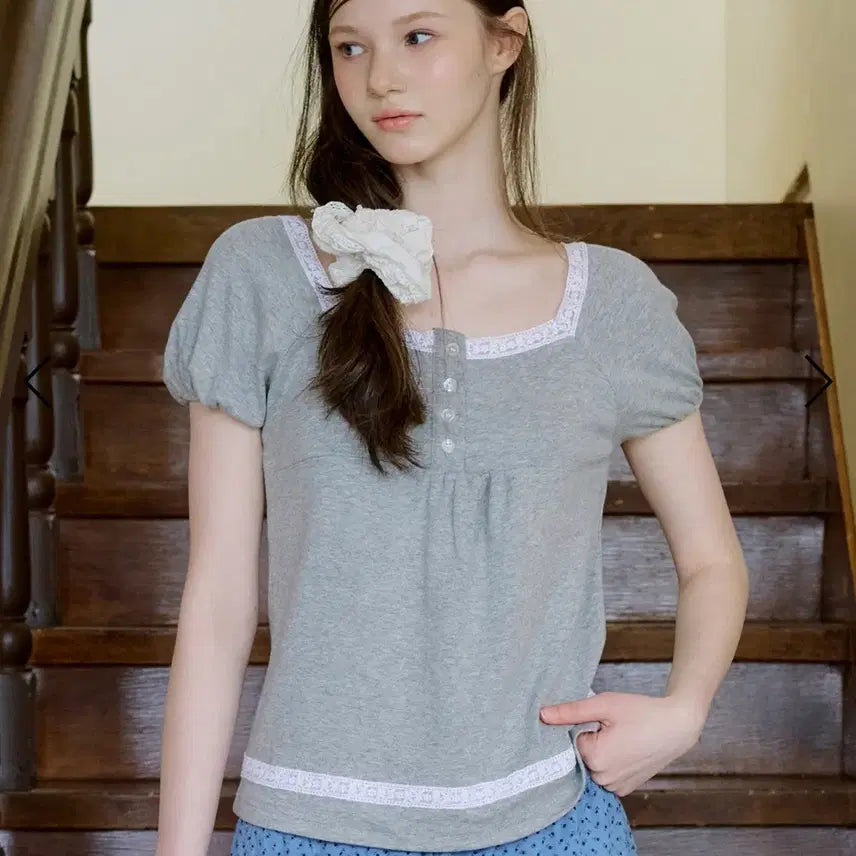 [BUNJANG] Letter From Moon Sorbet Square Neck Lace Short Sleeve T-Shirt Gray / 새상품) 레터프롬문 그레이 레이스 반팔 티셔츠