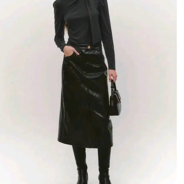 [BUNJANG] Graydation Faux Leather Skirt Black M / 그레이데시온 인조가죽 치마 블랙 m사이즈