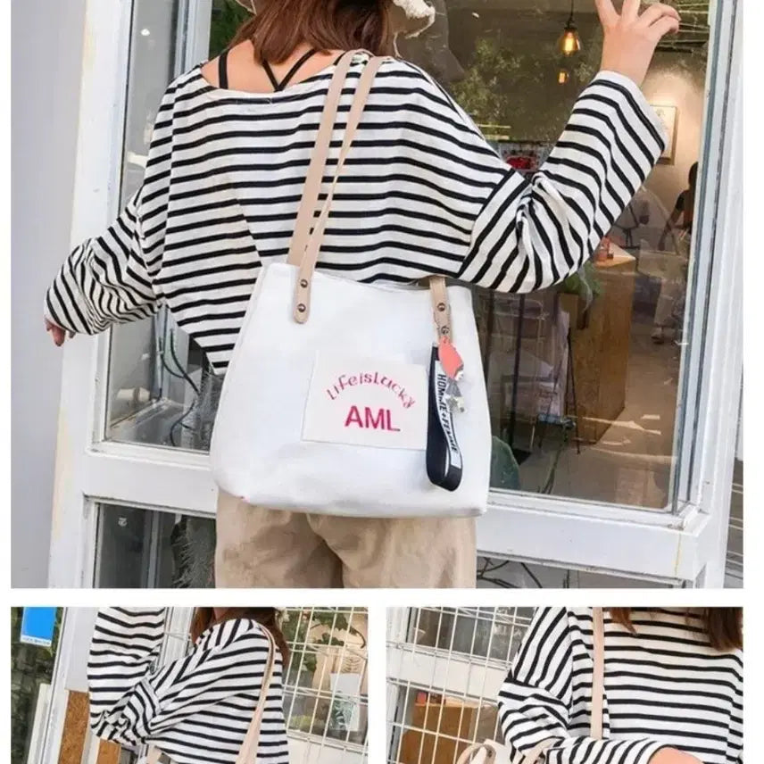 [BUNJANG] Women's Canvas Shoulder Bag Eco Bag with Keyring / 여성 숄더백. 에코백 .캔버스가방 (새제품)