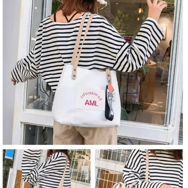 [BUNJANG] Women's Canvas Shoulder Bag Eco Bag with Keyring / 여성 숄더백. 에코백 .캔버스가방 (새제품)