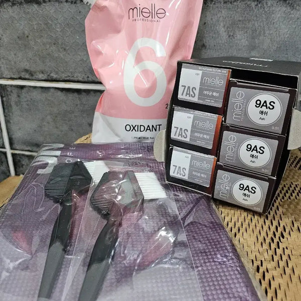 [BUNJANG] Mielle Ash Brown Hair Dye Set with Oxidizer and Accessories / 미엘염색에쉬브라운6개,20%산화제,JMW엠색보,염색볼,염색붓2개