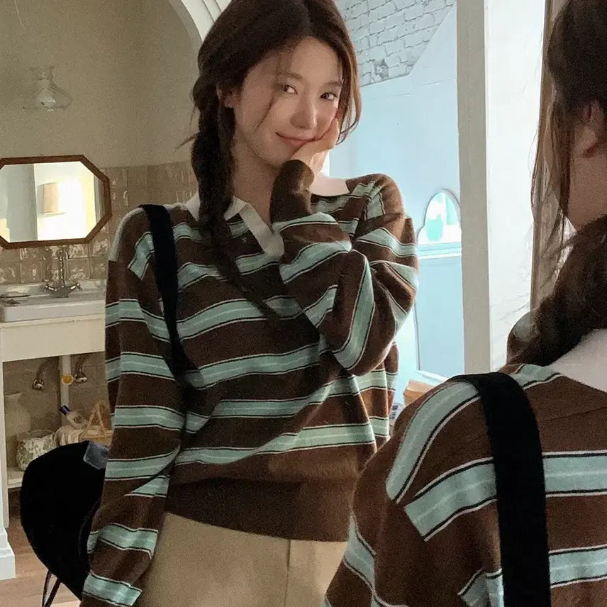[BUNJANG] V-Neck Collar Mint Chocolate Striped Knit / 브이넥 카라 민트초코 니트