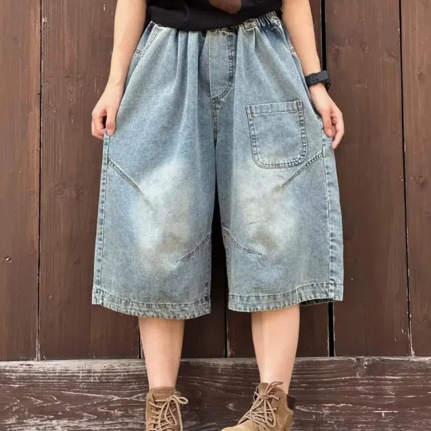 [BUNJANG] Vintage 3D Pocket Stitch Denim Wide Cropped Pants / [새상품] 빈티지 입체포켓 스티치 데님 와이드 7부 반바지 밴딩청바지