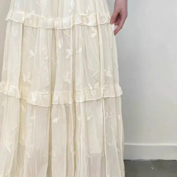 [BUNJANG] Floral Embroidery Ruffle Long Skirt / 플로럴 자수 프릴 롱스커트