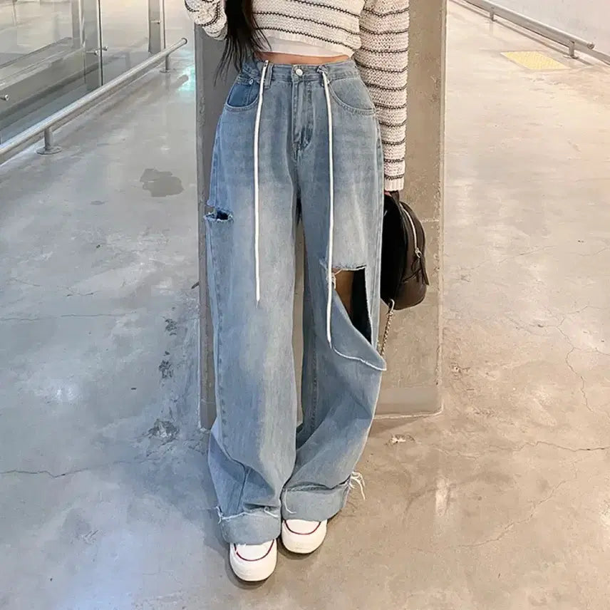 [BUNJANG] String Wide Damage Denim Pants / 스트링 와이드 데미지 데님팬츠