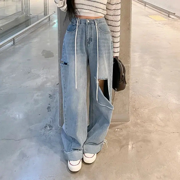[BUNJANG] String Wide Damage Denim Pants / 스트링 와이드 데미지 데님팬츠