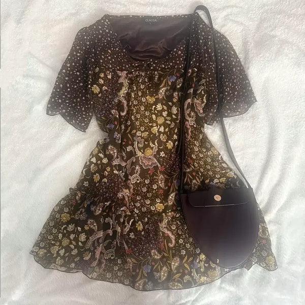 [BUNJANG] Flower Pattern Mini Dress Mori Girl Y2K Himegyaru Vintage / 플라워 초코 원피스 고전 모리걸 y2k 히메카지 하구미 대장템 빈티지