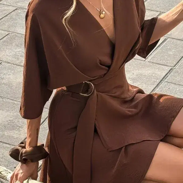 [BUNJANG] Stylish Brown Buckle Wrap Style Dress / 세련브라운 버클. 랩스타일원피스