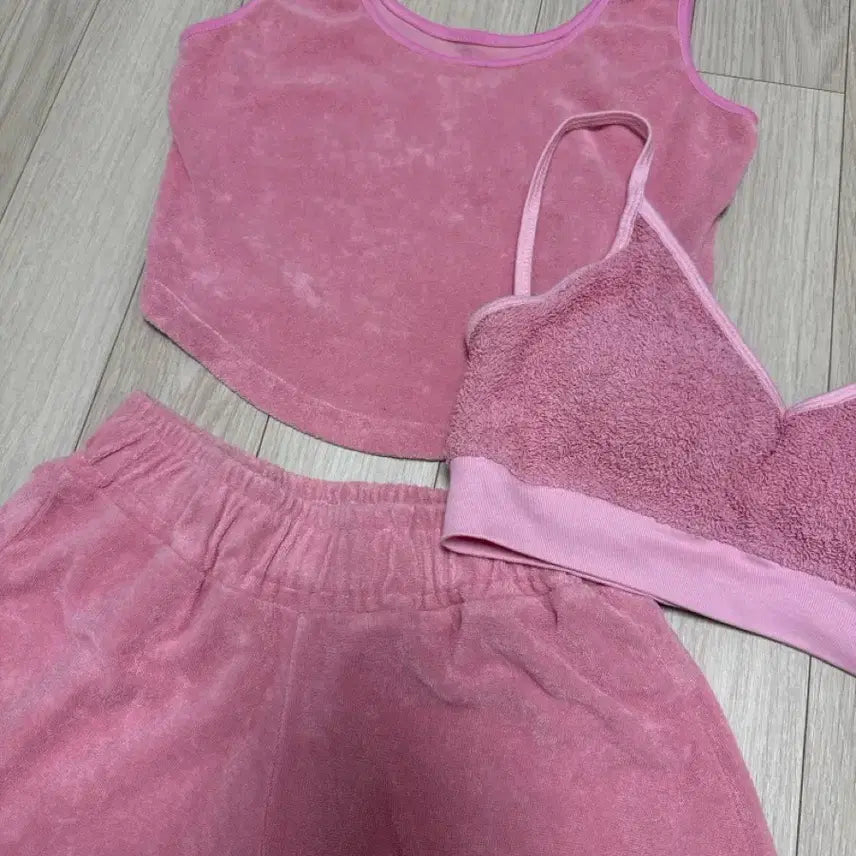 [BUNJANG] Pink Terry Cropped Tank Top and Shorts Set / 핑크색 테리 소재 크롭 나시 세트