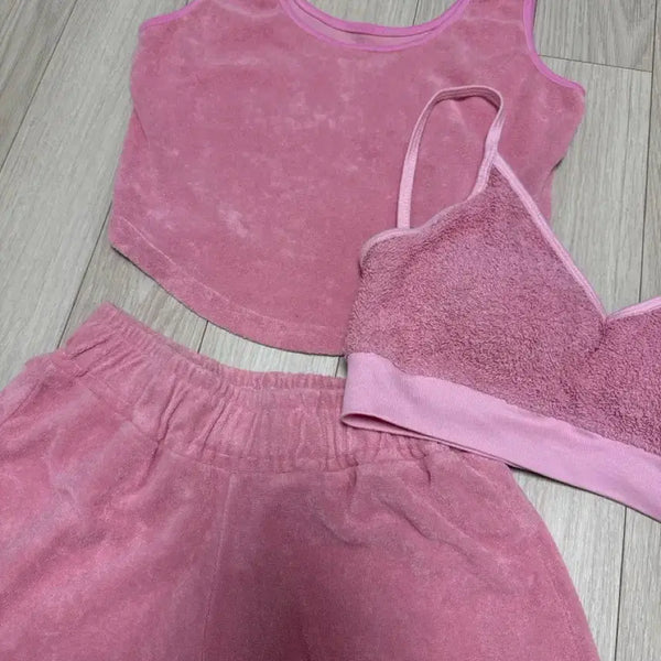 [BUNJANG] Pink Terry Cropped Tank Top and Shorts Set / 핑크색 테리 소재 크롭 나시 세트