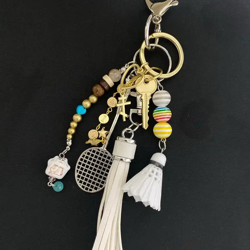 [BUNJANG] Handmade Badminton Racket Shuttlecock Tassel Charm Keychain / 베드민턴 오브제 키치 믹스 키링