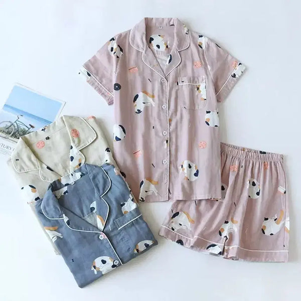 [BUNJANG] Pure Cotton Short-Sleeve Pajama Set for Men and Women / 냥이 낙낙한 순면 반팔 남녀 파자마