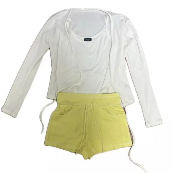 [BUNJANG] Women's 3-Piece Set: White Wrap Cardigan, Tank Top, and Yellow Stitch Shorts / 나시/랩가디건/반바지 쓰리세트