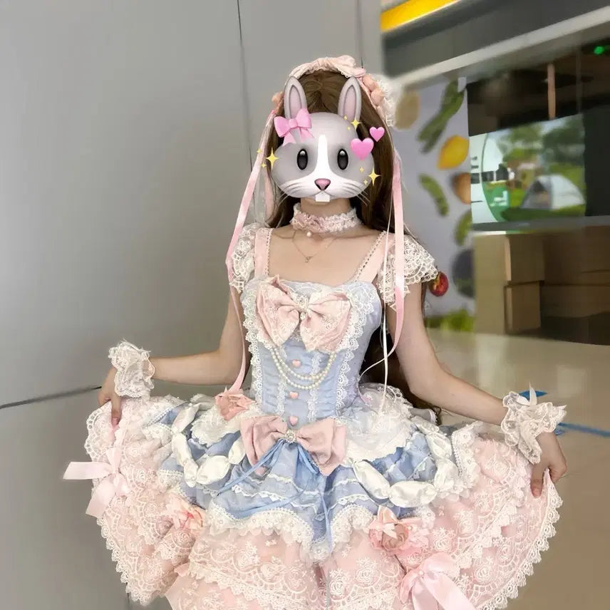 [BUNJANG] Pastel Pink & Blue Lace Princess JSK Lolita Dress / 파스텔 핑크 블루 레이스 프린세스 JSK 로리타 원피스