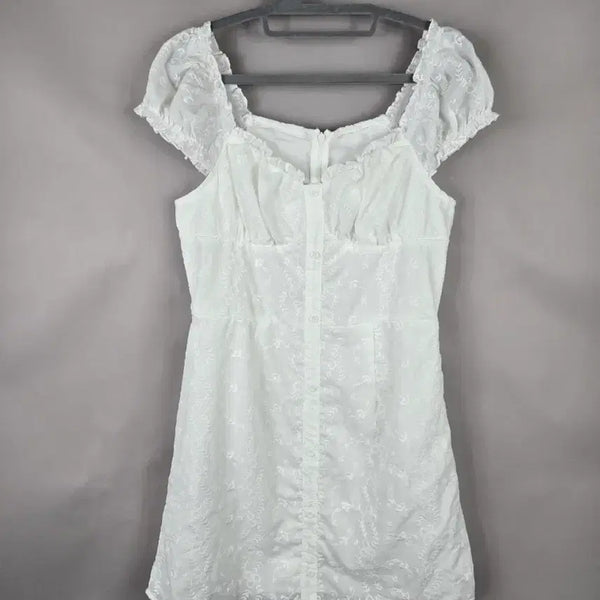 [BUNJANG] Women's Short Sleeve Lace Embroidery Mini Dress - White / [무료배송]여성 F 레이스 반팔 자수 미니 원피스 화이트