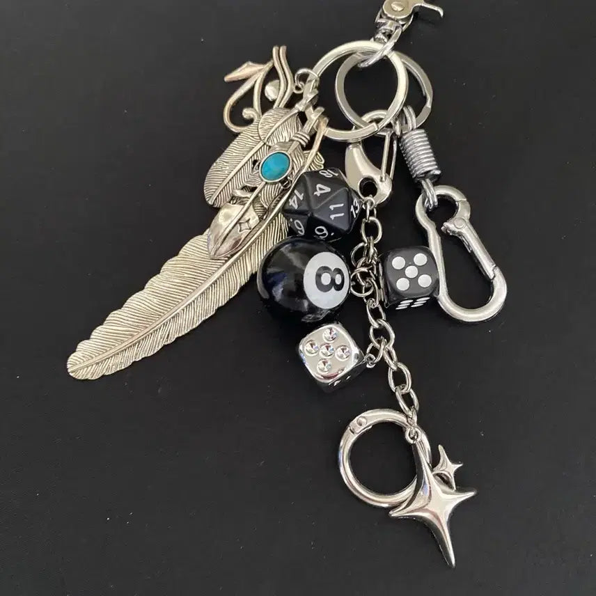 [BUNJANG] 8-Ball Dice Feather Mix Keychain / 8볼 다이스 패더 믹스 키링