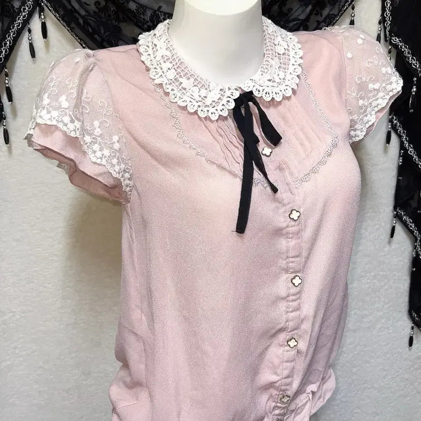 [BUNJANG] Romantic Girly Lace Collar Ribbon Blouse / 레이스 카라 리본 블라우스 로걀탑 로맨틱갸루 히메 러블리 핀터 모리 라떼