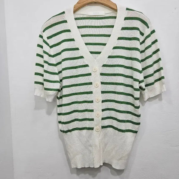 [BUNJANG] OZOC Stripe Short-Sleeve Cardigan Free Size / 오조크(OZOC) 스트라이프 반팔 가디건 Free