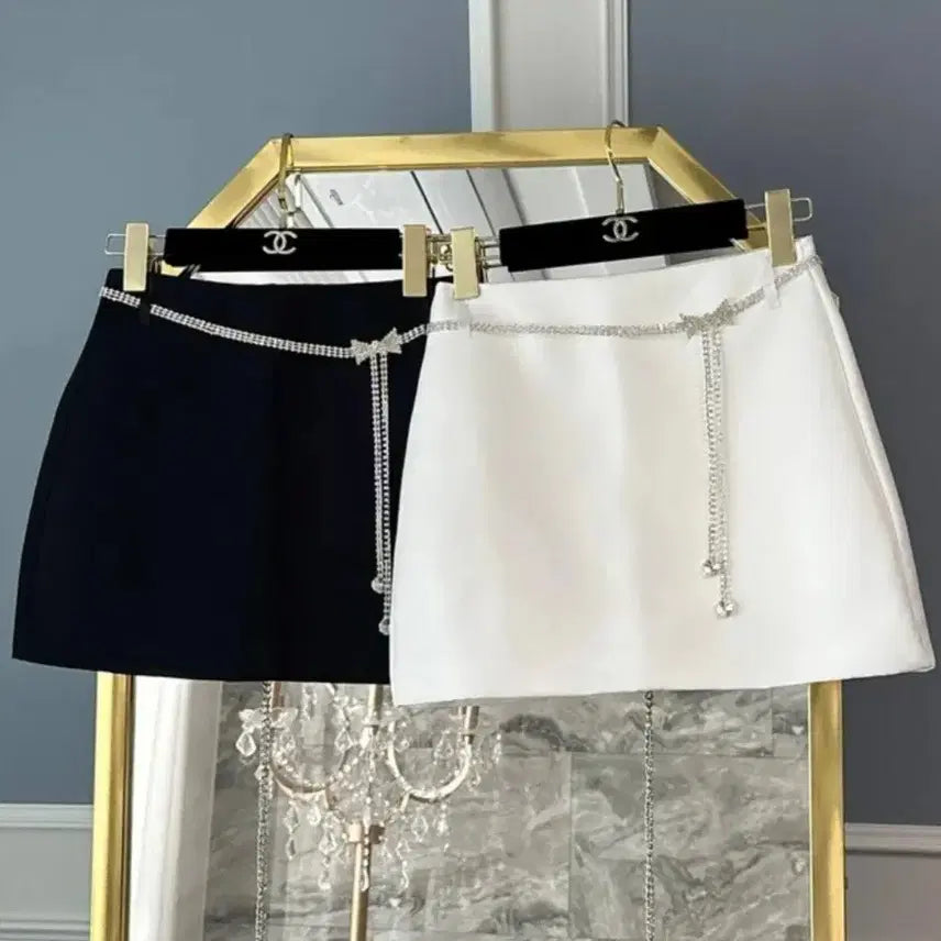 [BUNJANG] Cubic Belt Satin Mini Skirt / 큐빅 벨트 새틴 미니스커트