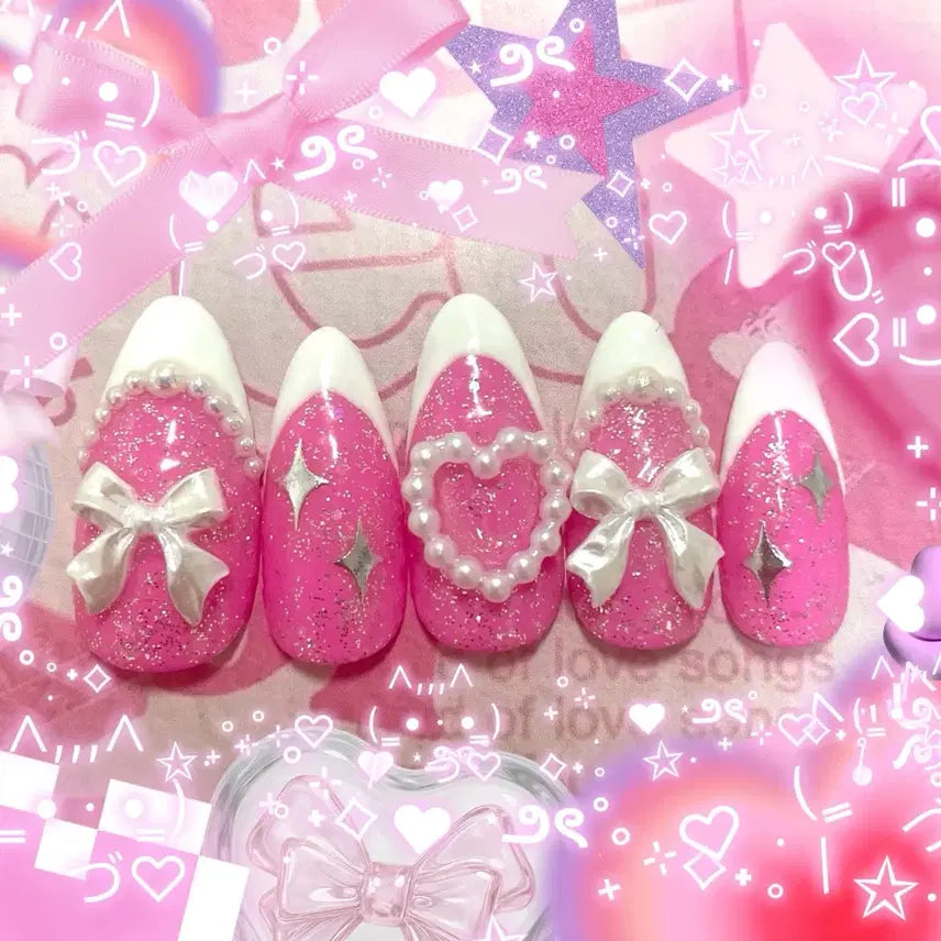 [BUNJANG] Handmade Hot Pink Ribbon Heart Nails (Gyaru, Lolita, Hime Princess Style) / (빠른배송)핫핑크 리본 하트 수제네일팁 갸루 하이틴 히메 공주 양산형