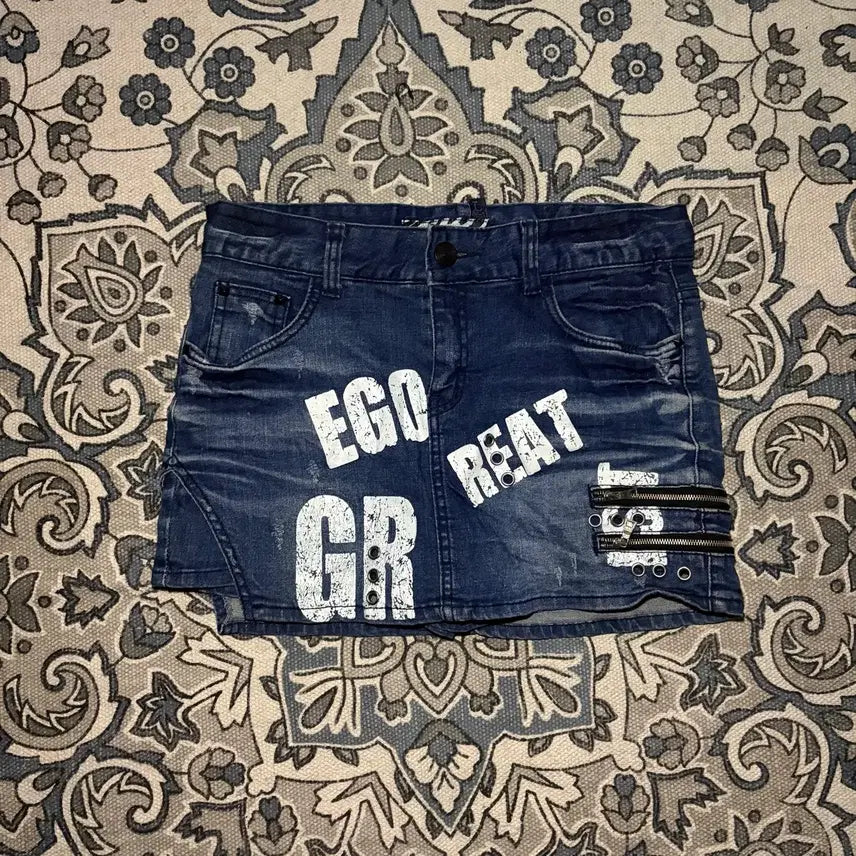 [BUNJANG] Y2K Punk Lettering Zip Mini Denim Skirt / Y2K 펑크 갸루 레터링 지퍼 데님 미니스커트