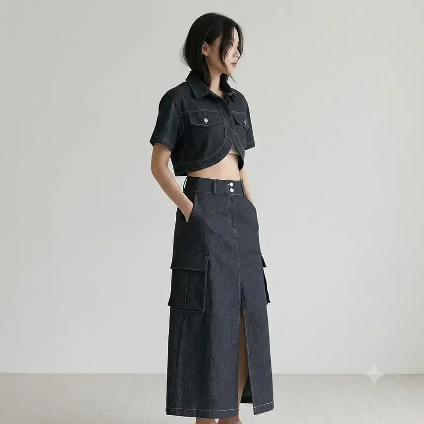 [BUNJANG] Denim Crop Bolero & Cargo Long Skirt Set / 새상품)데님 크롭 볼레로 & 카고 롱스커트 세트