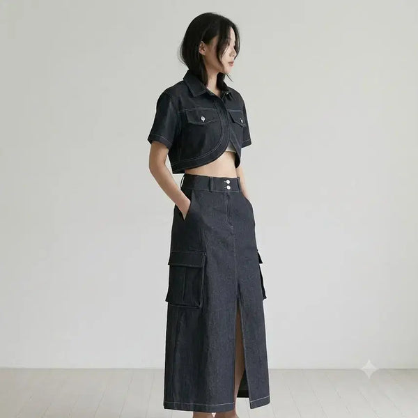 [BUNJANG] Denim Crop Bolero & Cargo Long Skirt Set / 새상품)데님 크롭 볼레로 & 카고 롱스커트 세트