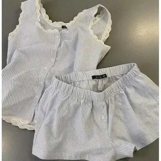 [BUNJANG] Frill Lace Pajama Set - Stripe / (새상품) 프릴 레이스 파자마 세트 스트라이프