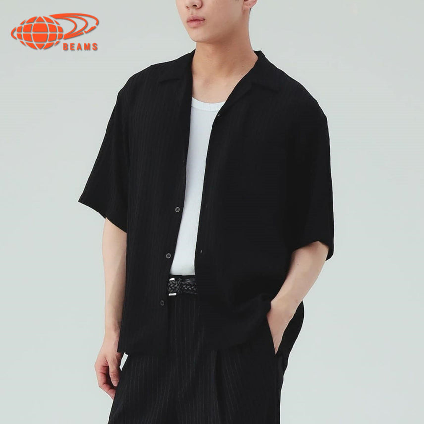 [BUNJANG] BEAMS HEART Striped Pleated Open Collar Shirt / 빔즈 하트 턱 스트라이프 주름 오픈칼라 셔츠