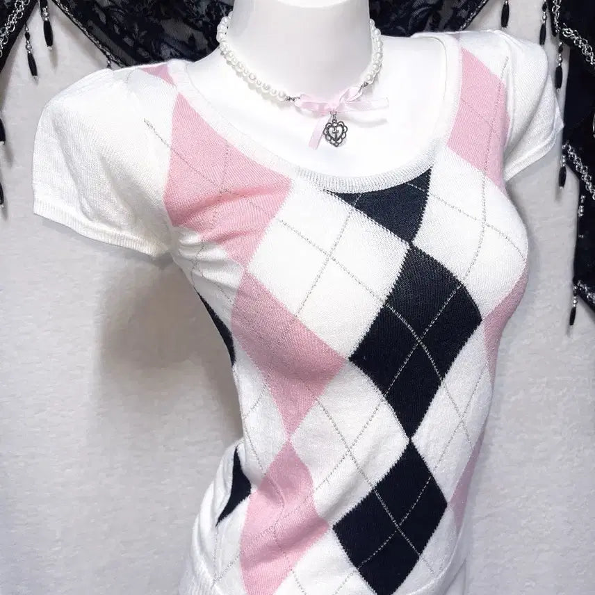 [BUNJANG] Cecilie Maevie Argyle Back Ribbon Short Sleeve Knit Top / 세실맥비 아가일 백리본 반팔니트 로걀탑 로맨틱갸루 히메 러블리 핀터 대장