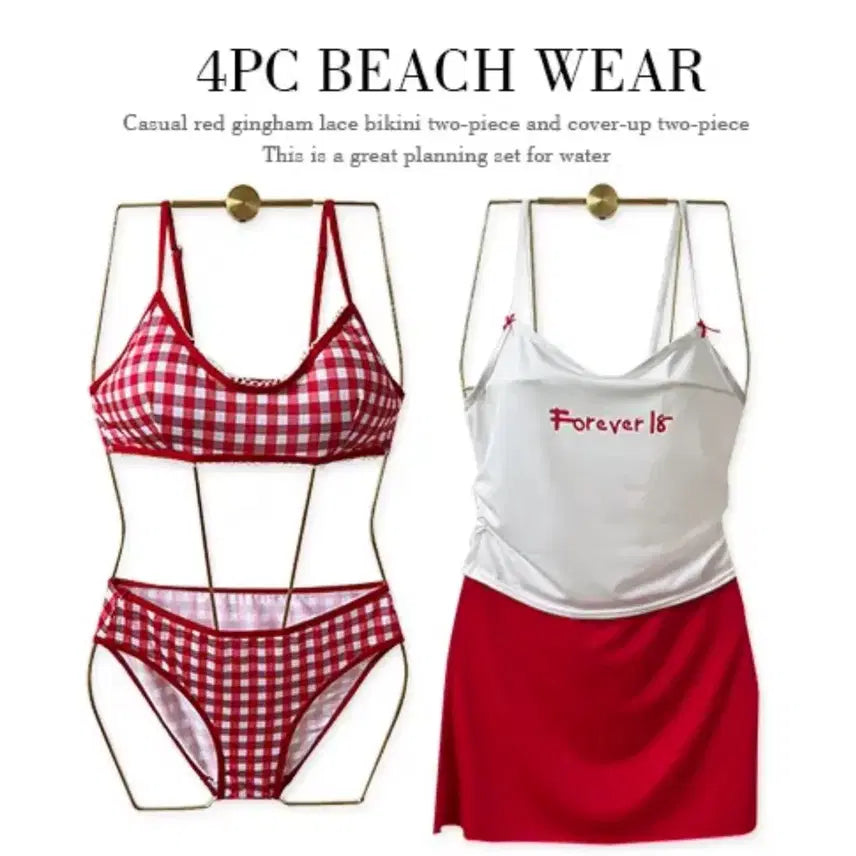 [BUNJANG] 4pc Red Checkered Bikini Cover-up Set / 4pc 비키니 커버업