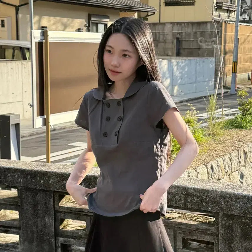 [BUNJANG] Miseki Seoul Double Button Shirt Top Charcoal / 미세키서울 더블버튼 셔츠탑 차콜 double botton shirt