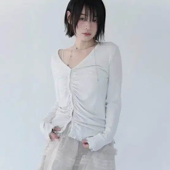 [BUNJANG] Mireco Asymmetric Shirring Lace Cardigan Dusty White / 미레코 셔링 레이스 가디건 무신사