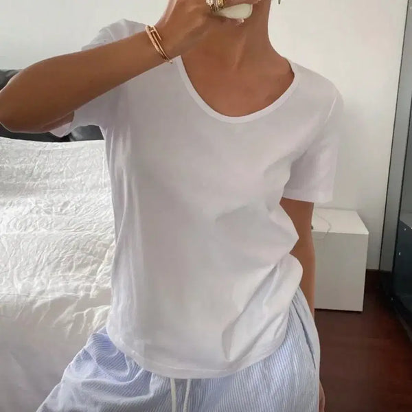 [BUNJANG] Basic U-Neck Short Sleeve T-Shirt - White / 기본 U넥 라운드넥 반팔 티셔츠 화이트 여름 셔츠