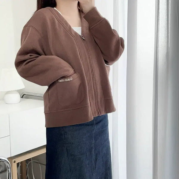 [BUNJANG] Calvin Klein Brown Mini Logo Fleece Zip-Up Cardigan XL / 캘빈클라인 브라운 미니로고 기모 집업 가디건 [ XL ]