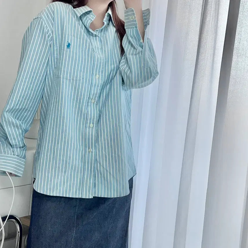 [BUNJANG] Polo Blue Pony Stripe Pocket Shirt - Size L / 폴로 블루 / 블루포니 화이트 스트라이프 포켓 셔츠 [ L ]