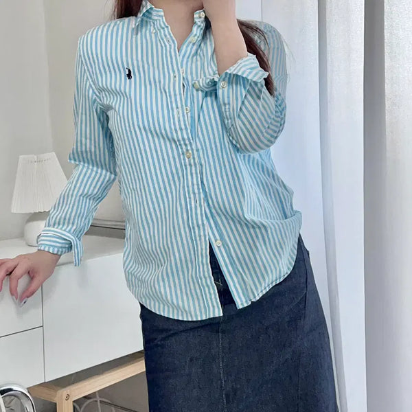 [BUNJANG] Polo Ralph Lauren Striped Cotton Shirt - Light Blue/White, Navy Pony - Size L (14-16) / 폴로 소라화이트 / 네이비포니 스트라이프 셔츠 [ L(14-16
