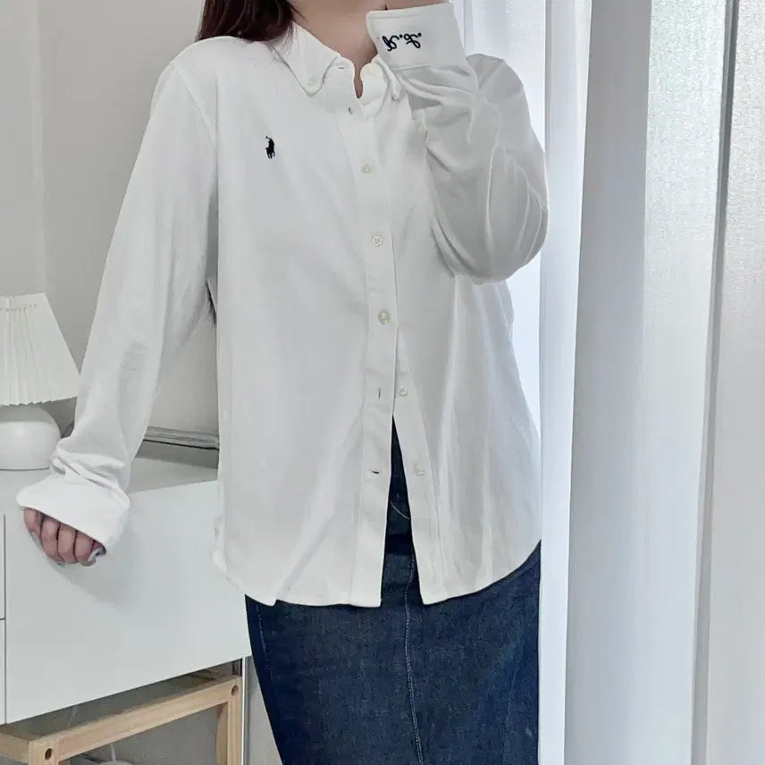 [BUNJANG] Polo Ralph Lauren White Navy Pony Embroidered Cotton Shirt XL / 폴로 화이트 / 네이비포니 면소재 R.L자수 셔츠 [ XL(18