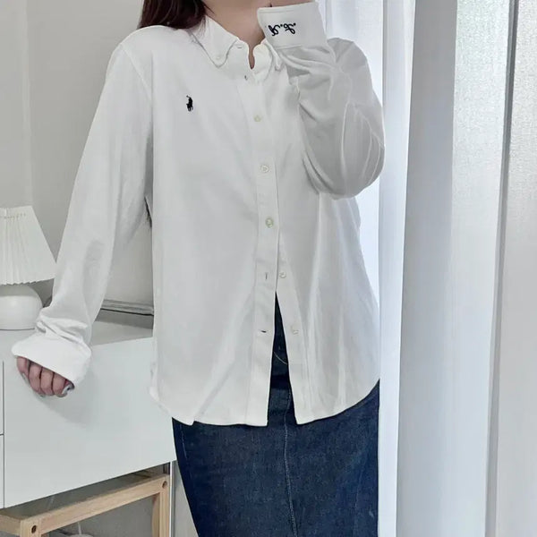 [BUNJANG] Polo Ralph Lauren White Navy Pony Embroidered Cotton Shirt XL / 폴로 화이트 / 네이비포니 면소재 R.L자수 셔츠 [ XL(18